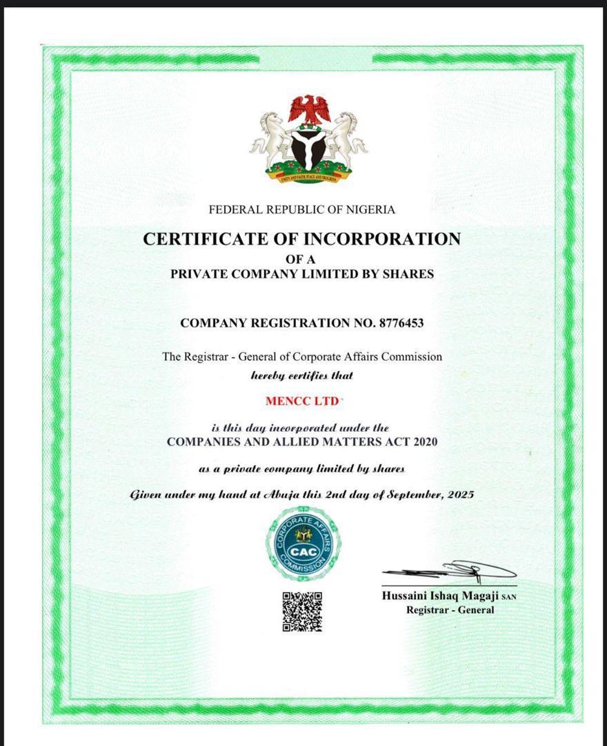 MENCC Ltd Certificate of Incorporation
