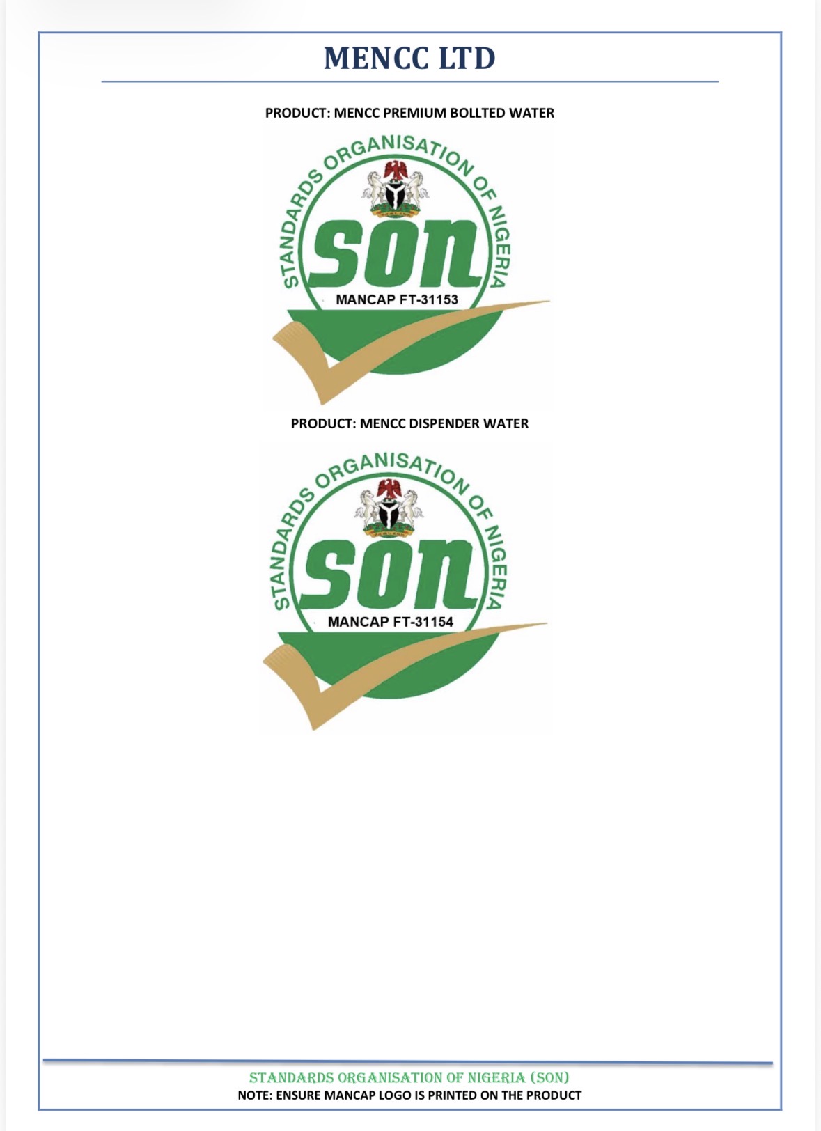 MENCC product certification documents from the Standards Organisation of Nigeria