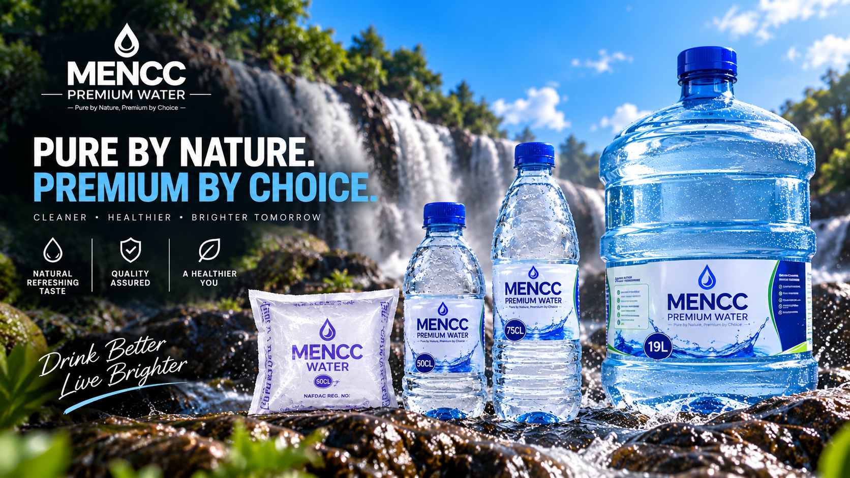MENCC complete collection featuring sachet water, 50cl, 75cl and 19L